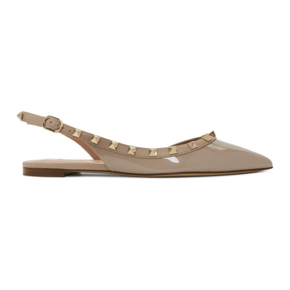 Pointed Patent Slingback Flat with Gold Pyramid Studs in Beige